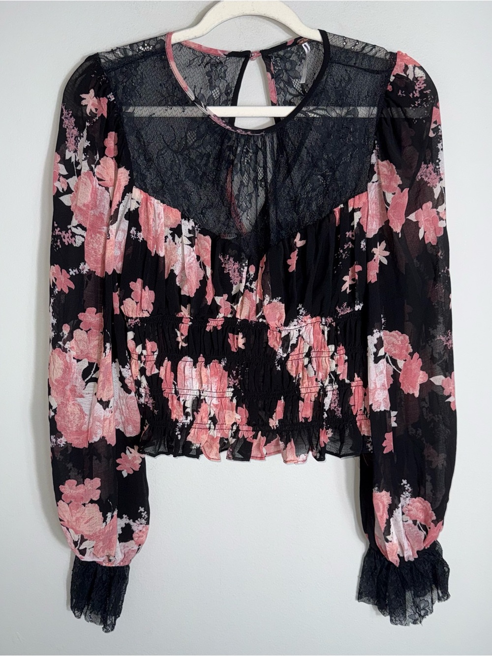 Free People Daphne Smocked Crop Top-Black Pink Floral-Lace-Size Large